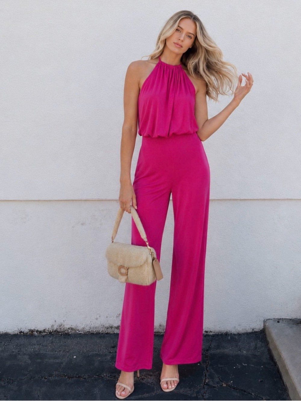Vibrant Hot Pink Halter Stretchy Jumpsuit